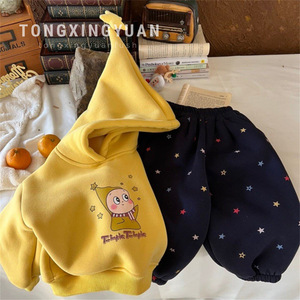 Tongxingyuan Baby Girls Yellow Hooded Sweatshirt With Scarf Star Print <b>Pants</b> Set Winter Fleece <b>Lined</b> Warm Clothing - Product Image 3