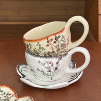 Tasse en céramique peinte à la main style rétro rural, avec anse haute et motif floral, style américain, assiettes en forme de fleur, mug à café en céramique