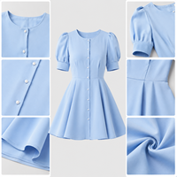 Fabrication de vêtements OEM, robe pour femmes, bleu clair, manches bouffantes, boutons sur le devant, taille cintrée, robe de soirée style A