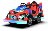 Kart junior à monnayeur de style course sportive, avec un look de kart de course motorisé, un buggy de loisirs et des lumières animées en forme d'œil pour les fêtes et événements.