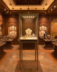 Vitrine à bijoux moderne, vitrine murale élégante en bronze, comptoir en verre sur piédestal haut, éclairage LED, pour magasin haut de gamme, sur mesure - Product Image 1