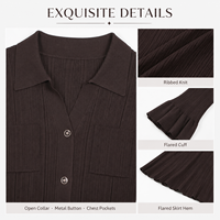 Robe longue côtelée marron foncé pour femme, col polo, manches longues, vente en gros pour boutiques