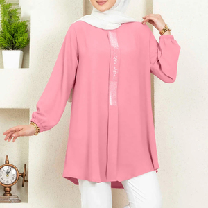 Women Casual Solid Ramadan Dubai Turkish Shirt Islam Clothing Autumn Fashion <strong>Sequins</strong> Blouse Long Sleeve Muslim <strong>Tops</strong> - Product Image 5