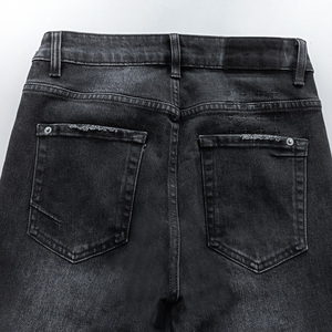 Skinny Washed Black Premium Stretch Cotton Denim Trashing Repair Patches Mid Rise Slim Fit Denim Jean con etiqueta de bolsillo trasero - Product Image 3