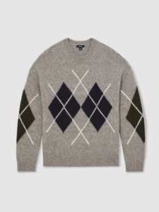 Großer grauer Argyle-Pullover für Herren mit Rautenmuster aus Wollmischung, klassischer Strickpullover. - Product Image 5