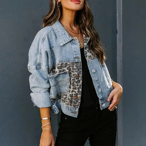 Women's Leopard Patch Denim Trucker Jacket With Turn <b>Down</b> Collar And Button Closure Autumn Style - Product Image 1