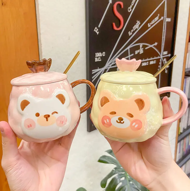 Mug Air Kreatif Imut Korea, Mug Keramik Gadis dengan Sendok Tutup