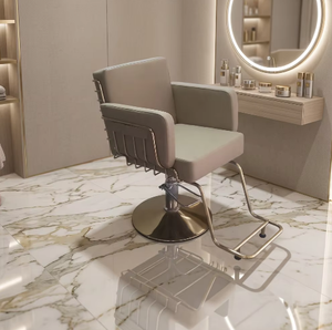 Chaise de coiffure hydraulique en PU beige avec structure en métal doré pour salon de beauté - Product Image 6