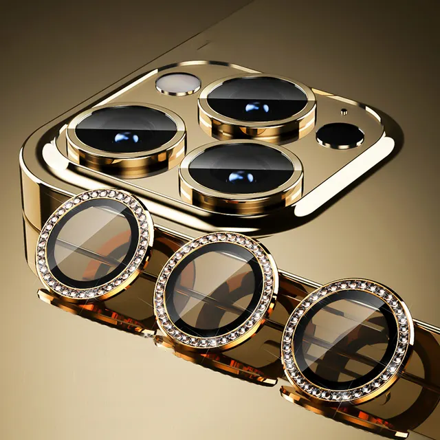 MAXUN Pelindung Lensa Kamera Ponsel Berlian untuk iPhone 11 12 13 14 Pro Max Pelindung Lensa Kamera Emas Glitter