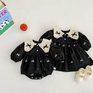 2022 En Najaar Baby Kleding Nieuwe Lange Mouwen Driehoekige Kleding Vlinder Kraag Vrouwelijke Baby Zwarte Baby Meisje Romper