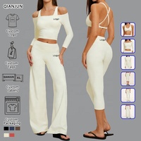 OEM Klantlogo 6-delige Activewear Set Korte Mouwen T-shirt Wijde Pijpen Broek Dames Yoga Fitness Groothandel Privélabel Gymkleding