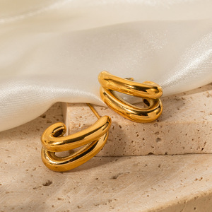 Boucles d'oreilles à clous en forme de C creuses à double couche, en alliage de zinc, couleur or et argent, bijoux tendance pour femmes - Product Image 4