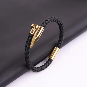 High Quality Custom Logo Stainless Steel Charm Magnet Clasp Genuine Real Leather Bracelet Men JBS11320