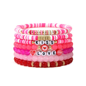 Conjunto de Pulseras de Arcilla Polimérica con Corazón Rosa Dulce y Encantador, Pulseras Elásticas de Varias Capas con Cuentas de Letras Apilables, Unisex - Product Image 1
