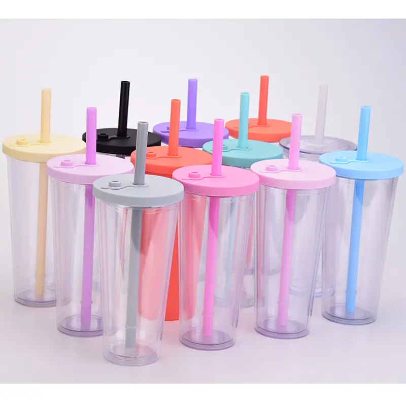 Custom logo 24oz 700ml Acrylic Tumbler Premium Bubble Tea Cups Double Wall Plastic Reusable Boba Cups With Lid and straw