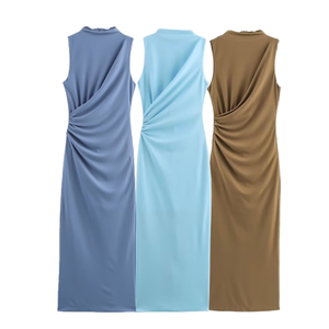 Vestido Midi Plisado sin Mangas de Gasa Tejida con Logo Frontal y Cintura Natural, Estilo Casual de Verano 2026 para Mujer - Product Image 1