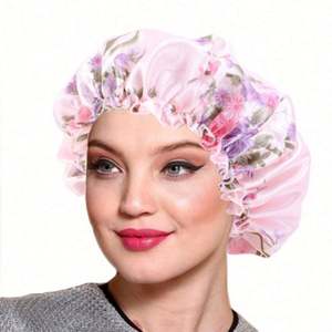 Bonnet de nuit élastique ajustable en satin soyeux pour adultes, style turban, motif floral, unisexe, pour la vente en gros - Product Image 2