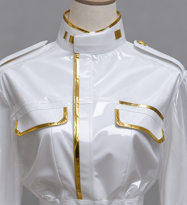 Costume de scène K-Pop pour <span class=keywords><strong>femme</strong></span> East Costume, combinaison en cuir verni blanc et or avec manches transparentes, en stock - Product Image 3