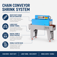 Machine d'emballage rétractable automatique Xicang XC-3015 avec convoyeur à chaîne, tunnel de rétraction thermique haute précision à plateforme surélevée pour l'alimentation