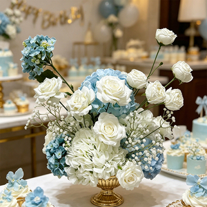 Centro de Mesa con Hortensias Azul Claro y Rosas Blancas, Arreglo Floral Artificial para Recepción de Boda, Mesa de Banquete D - Product Image 3