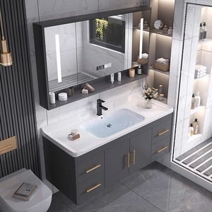 Simple grey wall mounted bathroom cabinet with smart <b>mirror</b> cabinet and modern design - Product Image 4