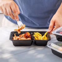 Boîte à repas à emporter en plastique noir, micro-ondable, à 2 compartiments, avec couvercle transparent