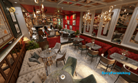 Concept de design de café lounge moderne, comptoir d'exposition pour café, sièges de banquette personnalisés pour café, ensemble de mobilier moderne