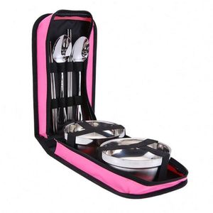 Ensemble de couverts de voyage moderne et écologique en acier inoxydable mat avec sac, bol, cuillère, baguettes et manche en bois – Idéal pour la rentrée scolaire - Product Image 1