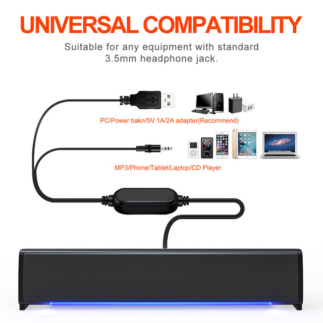 OEM 3D Surround Sound Wired Speaker Mini Desktop Portable Sound Bar With LED Light