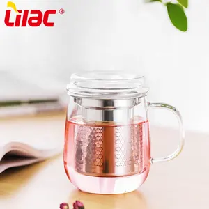 Lilac BSCI SGS LFGB 430ml 450mL tazas de temperatura constante de café de agua de vidrio personalizadas con Infusor de acero inoxidable y tapa