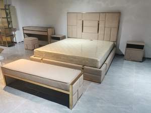 Современная мебель для хранения, двойные кровати из натуральной кожи, итальянская роскошная кожаная кровать большого размера с золотыми краями - Product Image 5