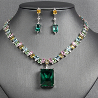 Ensemble de bijoux 2 pièces en émeraude CZ, collier ras-du-cou tennis multicolore arc-en-ciel et boucles d'oreilles pendantes rectangulaires, de luxe pour femme, vente en gros