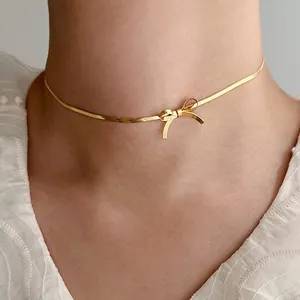 Finetoo Exquisite Gold Bowknot Necklace Stainless Steel Snake Chain Choker Necklace with A Bow