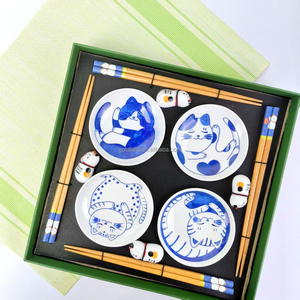 Lucky Blue Maneki-Neko Series 4-Piece Wooden Chopsticks Gift Set Business Gifts 4 Ceramic Cat Chopsticks Rests Blue Cat Dipping