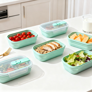 Tùy Chỉnh Microwaveable Phân Hủy Sinh Học Khay Nhựa Silicone Đôi Ngăn Gấp Snack Thực Phẩm Lưu Trữ <span class=keywords><strong>Container</strong></span> Với Nắp - Product Image 6