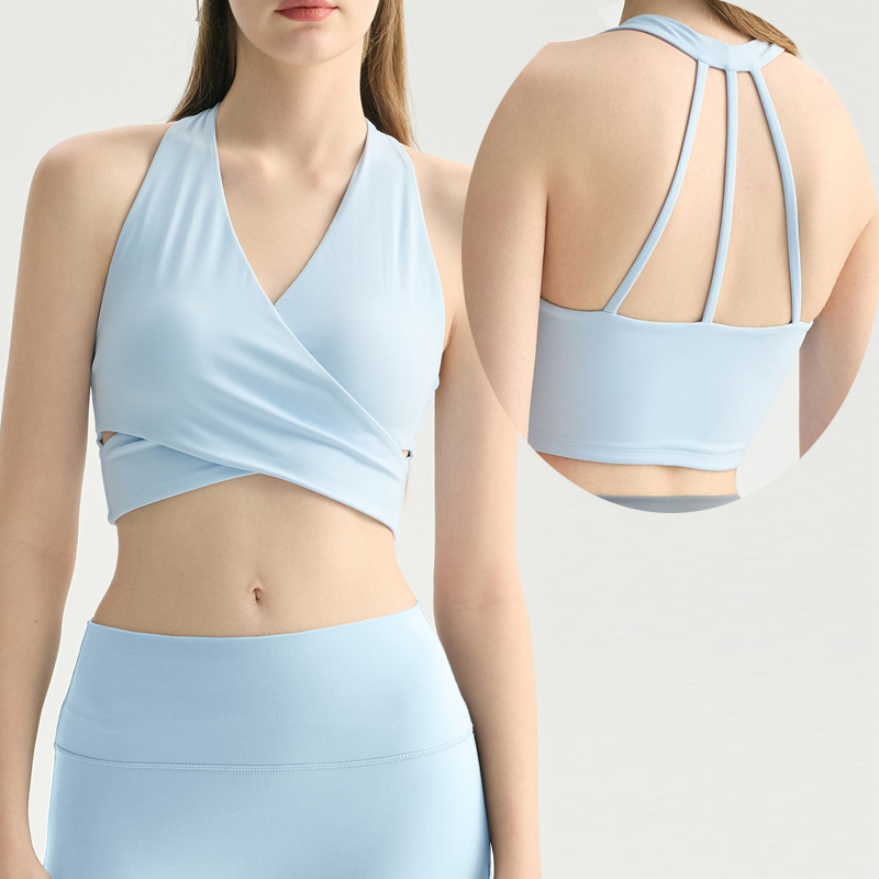 Women New Fashion High Quality Front Cross Gym Workout Yoga Sports Bra Padded Fitness Wear Activewear V Neck Push up Tops
