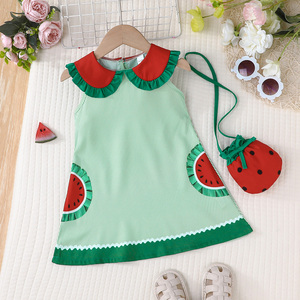 ชุดเดรสลำลองคอปกตุ๊กตาน่ารักสำหรับเด็กผู้หญิงพร้อมลายแตงโม ชุดเดรสแฟชั่นสำหรับเด็กพร้อมกระเป๋าสำหรับเด็กทารก - Product Image 1