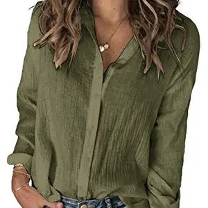 Karlywindow Womens Long Sleeve Button Down Cotton Linen Shirt Blouse Loose Fit Casual V-Neck Tops