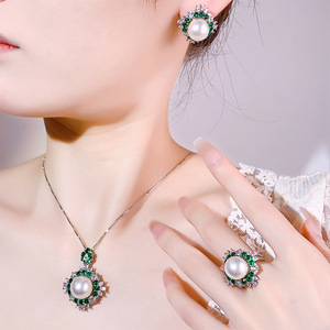 Ensemble de bijoux en perles florales et zircon émeraude, collier/boucles d'oreilles/bague en laiton de luxe pour femmes - Product Image 6