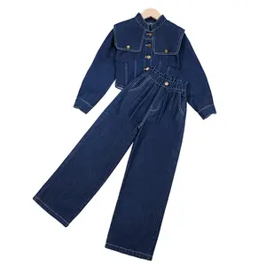 2024 Stylish Children Girl 2 pcs Jacket + Jeans 2 pcs Dark Blue Denim Clothing Set 5-15 Years