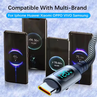 Kabel Data USB Type-C Nylon Braided 120W LED Display 6A Fast Charging untuk Ponsel, Kamera & Komputer