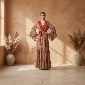 Robe longue maxi en coton de qualité supérieure, couleur personnalisée, coupe trapèze, col en V, manches classiques, taille basse, écologique, pour soirée, vente en gros - Product Image 1