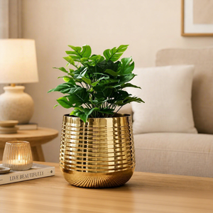 Pot de fleurs décoratif en métal doré, pot de fleurs d'intérieur avec finition côtelée moderne pour la décoration de la maison, du salon, du bureau, de la table - Product Image 2