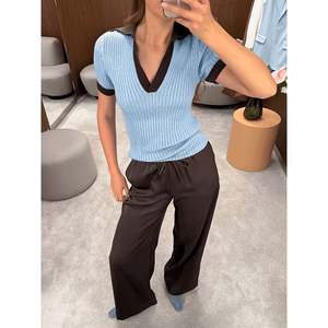 เสื้อสเวตเตอร์แขนสั้นลายซี่โครง เสื้อถักผู้หญิง คอเหลี่ยม สีขาว - Product Image 3