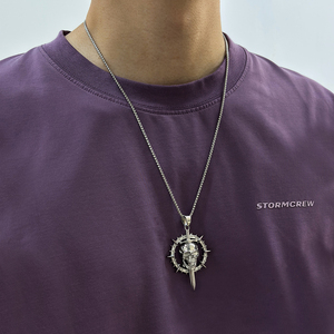 VAF Schwertdurchdringender Großer Totenkopf Sonnen-Spike Anhänger Halskette Edelstahl Ein scharfes Schwert durchbohrt den Schädel - Product Image 6