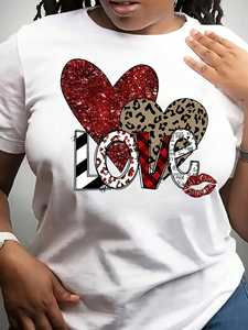 เสื้อยืดผู้หญิงไซส์ใหญ่ ลายหัวใจและตัวอักษร แขนสั้น คอกลม เสื้อเชิ้ตลำลอง ฤดูใบไม้ผลิ ฤดูร้อน ผ้าฝ้าย 100% ซักเครื่องได้ - Product Image 3