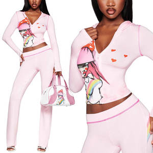 Huili ชุดเสื้อผ้าใส่อยู่บ้านสำหรับผู้หญิงสองชิ้นเสื้อมีฮู้ดแบบมีซิปสีชมพู - Product Image 2