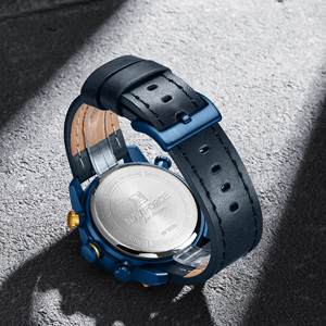 NAVIFORCE 9235 BEBEBE Montre à quartz en cuir véritable bleu d'usine pour hommes, double heure, analogique, sport, étanche, montre-bracelet OEM - Product Image 6
