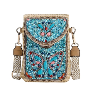 Bolso de mano casual de paja con cuentas para mujer, elegante bolso de noche con cadena desmontable, brillante bolso cruzado para playa o boda - Product Image 3