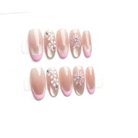 Lot de 10 faux ongles à presser, forme cercueil moyenne, faits main, personnalisés, rose velours œil de chat, réutilisables, avec fleurs 3D et French manucure en gel, en gros